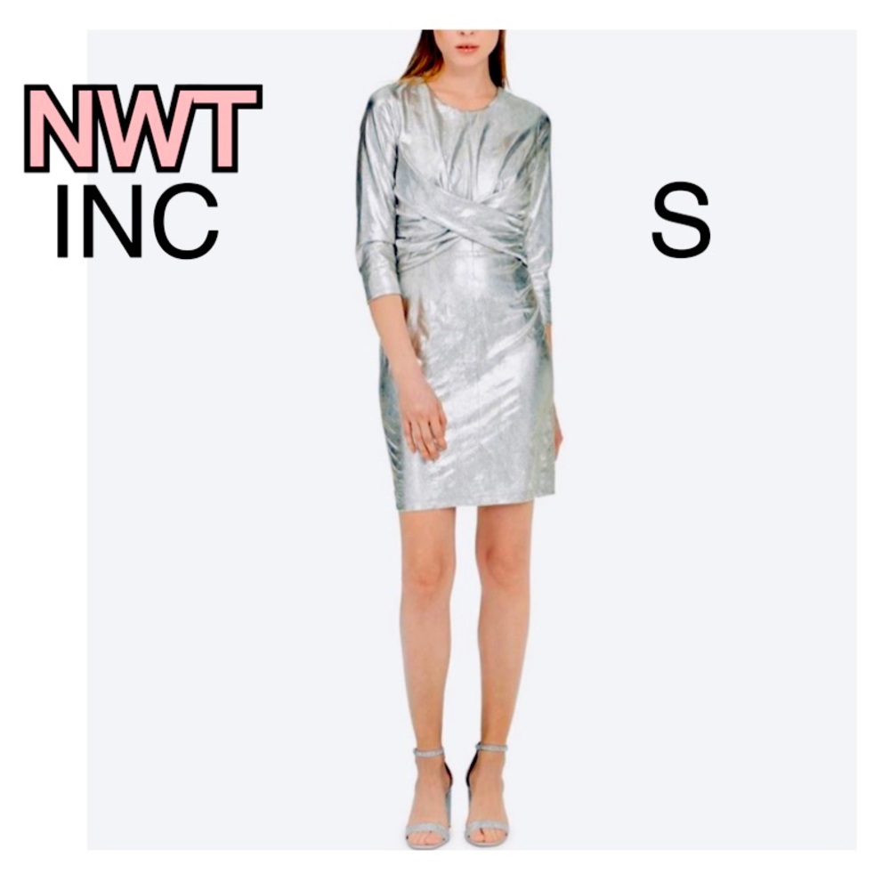 NWT silver dress INC concepts futuristic silver shine crossover waist mini dress